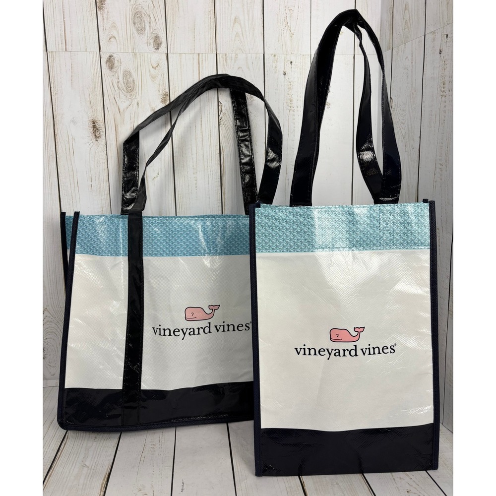 Vineyard Vines Reusable Shopping Tote Bag Set of 2 Pink Whale Logo Navy White‎